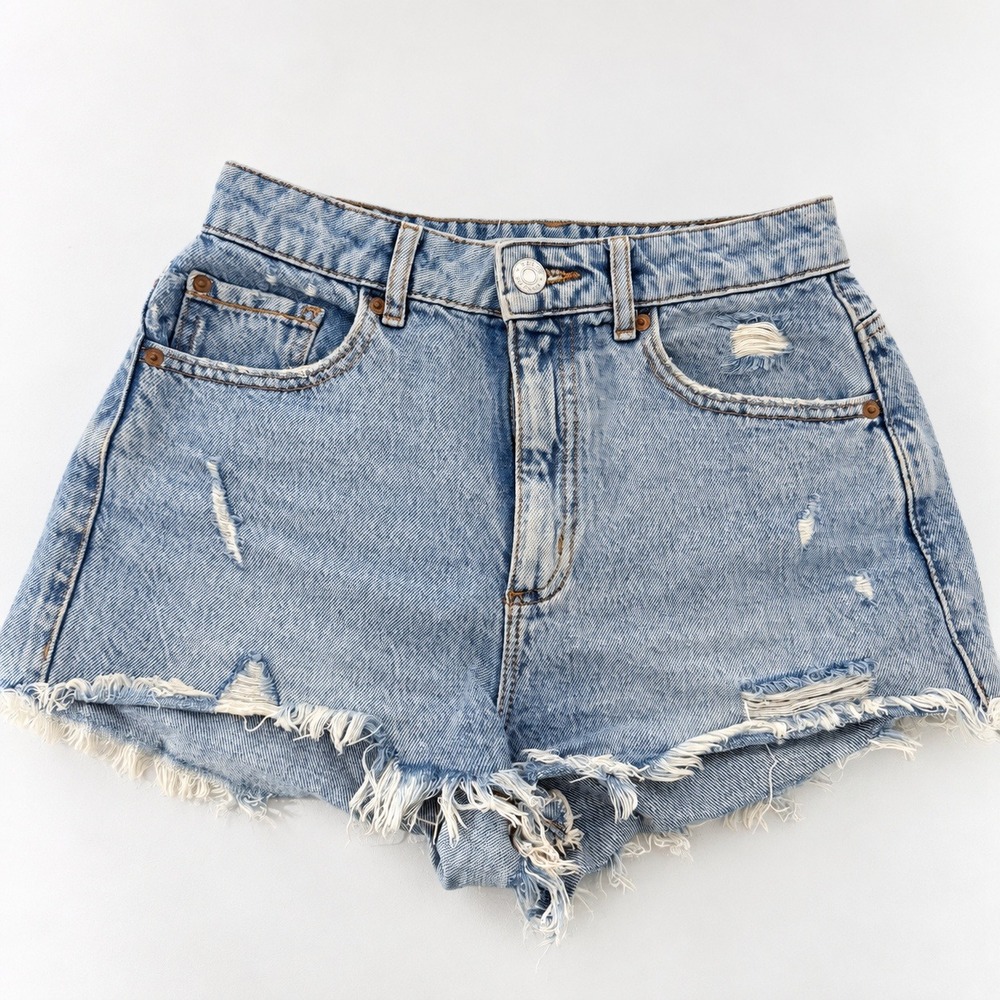 Garage Denim Festival Distressed High Waisted Jean Shorts Light Wash Blue 0/24
